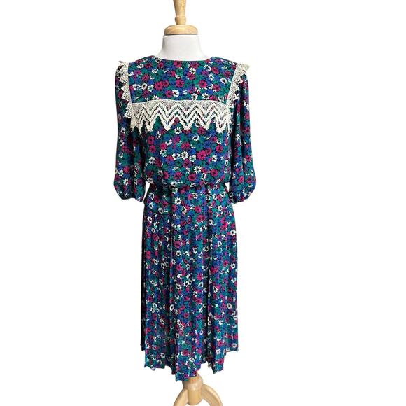 JAMIE Pleated Midi Dress Ditzy Floral 90's Prairie Collar Cottagecore Women's 10 - Picture 1 of 7